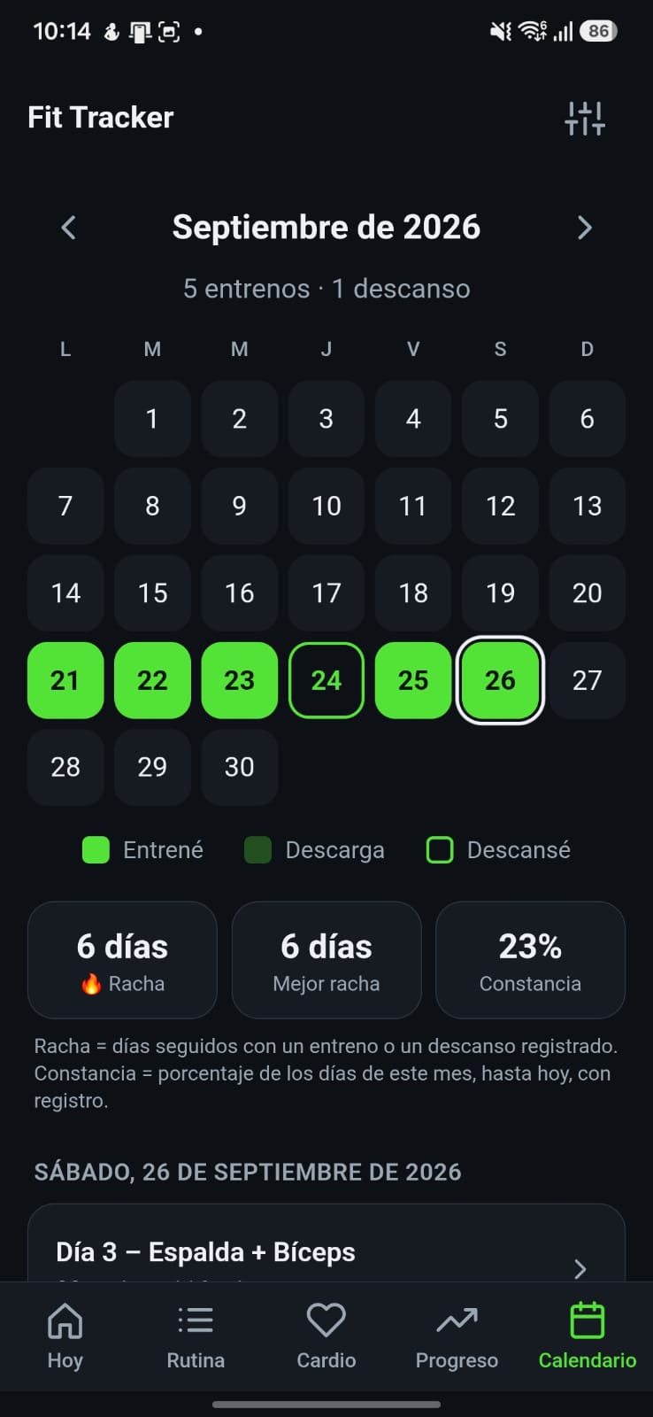 Calendario de constancia y racha en Axfity